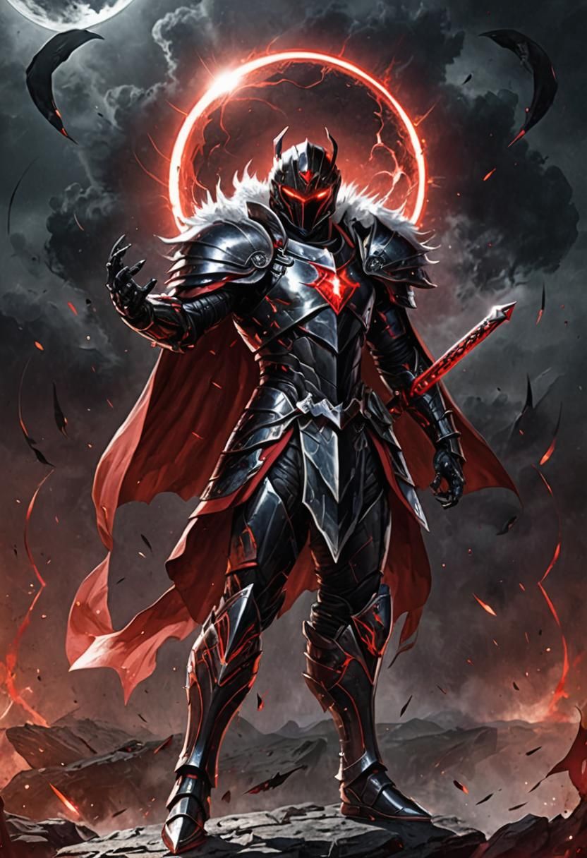 a dark, armored warrior with angular, sleek armor in a metallic black and red color scheme. The character has red highlights running through...