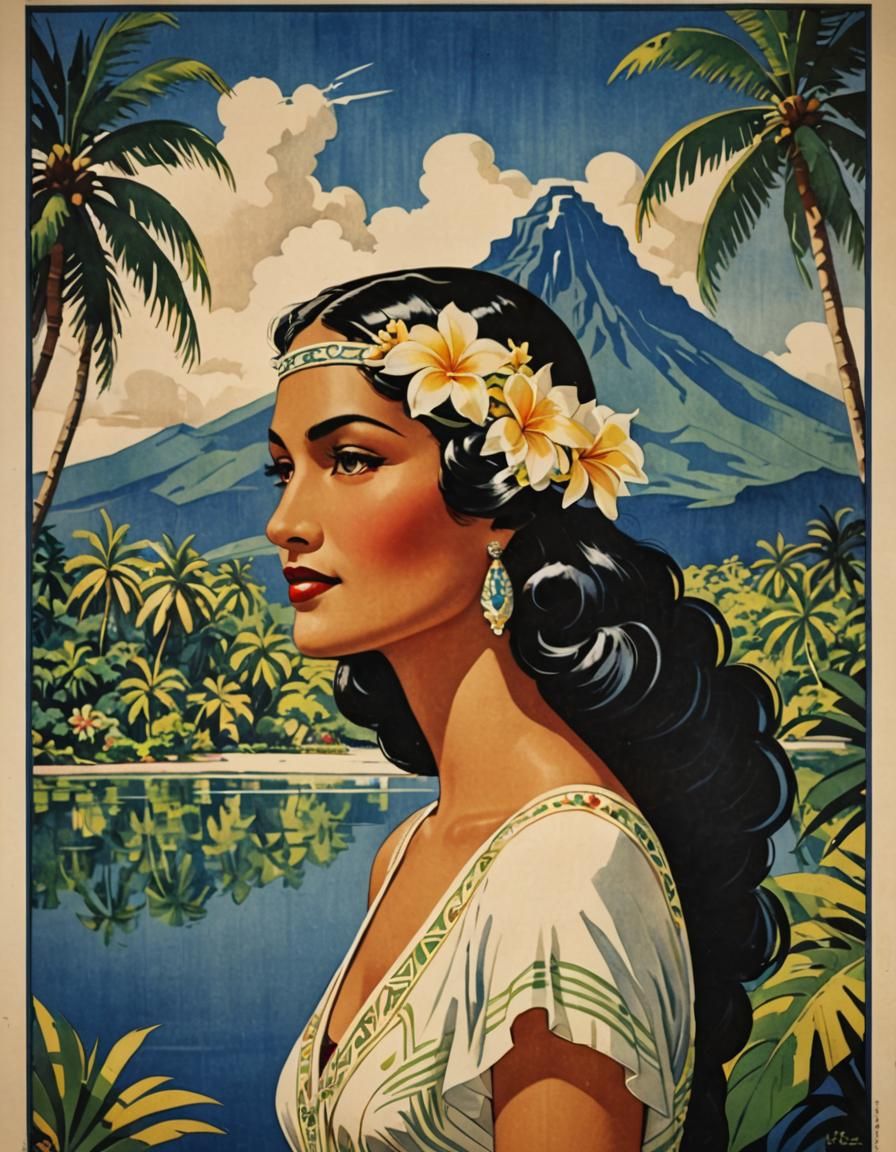 1930's art deco travel poster for Tahiti with Tahitian beauty - AI ...