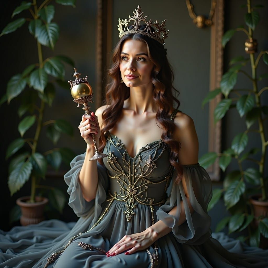  <lora:DangerousBeauty:1.0> A graceful queen wearing a flowing gown, holding a delicate scepter.