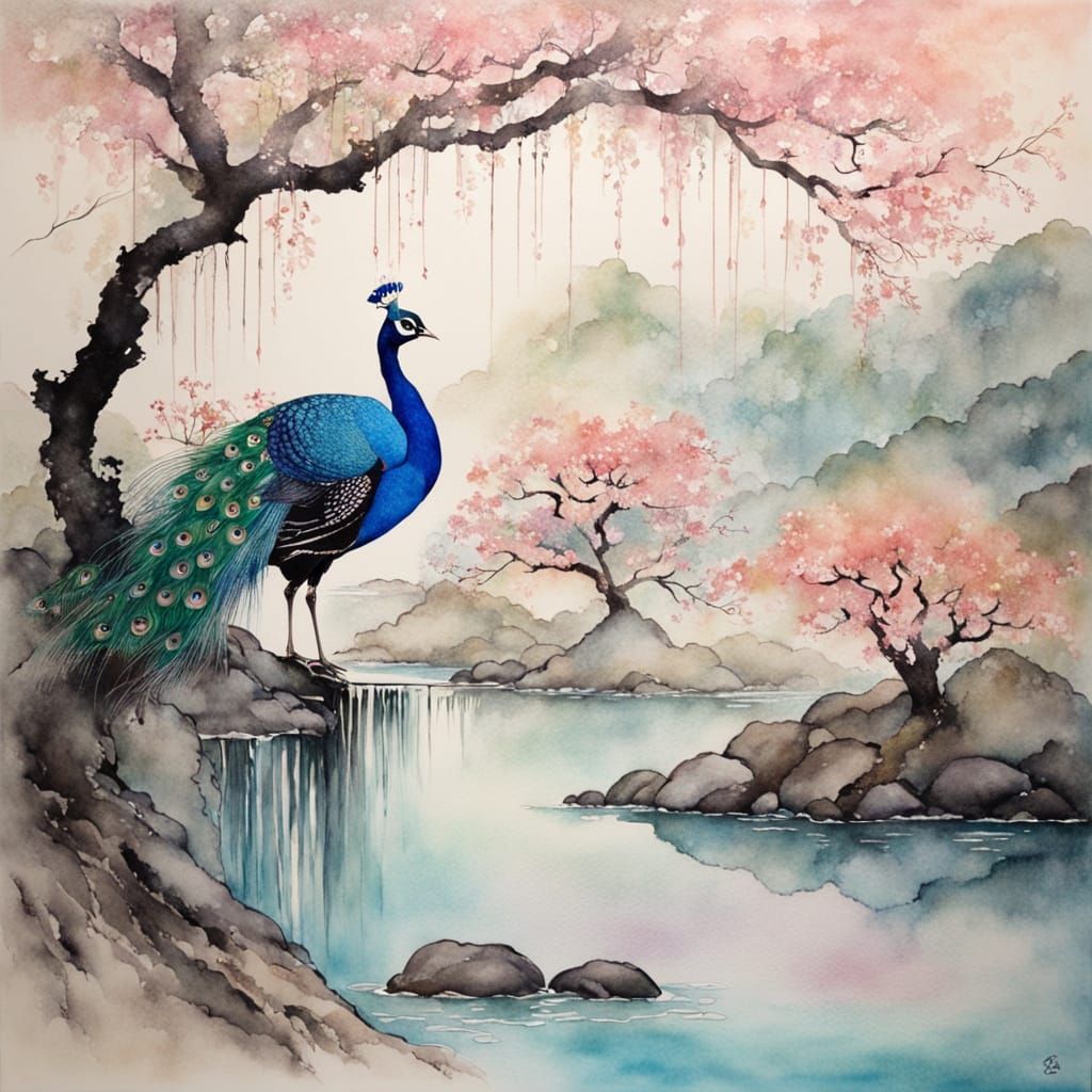 Peacock  at a stream