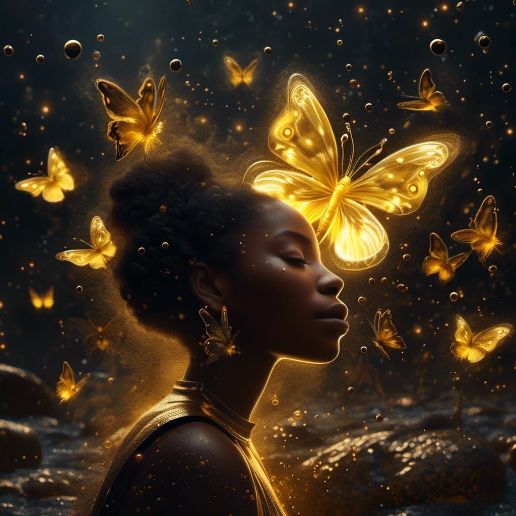 A black woman surrounded by  dog bubbles and yellow butterfly’s <lora:Kibo:1.0> Gold particles on black rock surface, glowing fireflies, gol...