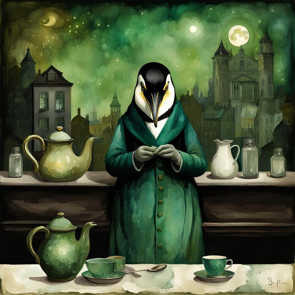 Digital herbalist. Penguin. NightCafé. Captivating. Nightscape. Emerald. Peeling paint. Antique Watercolor. ...  by @Ursula
