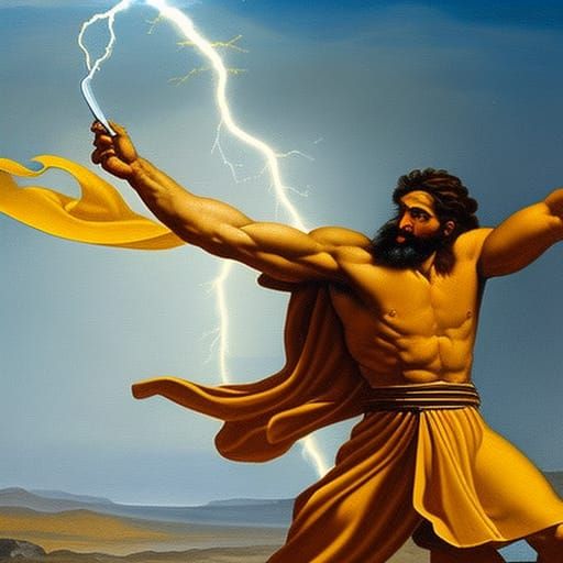 Zeus throwing a lightning bolt, detailed painting