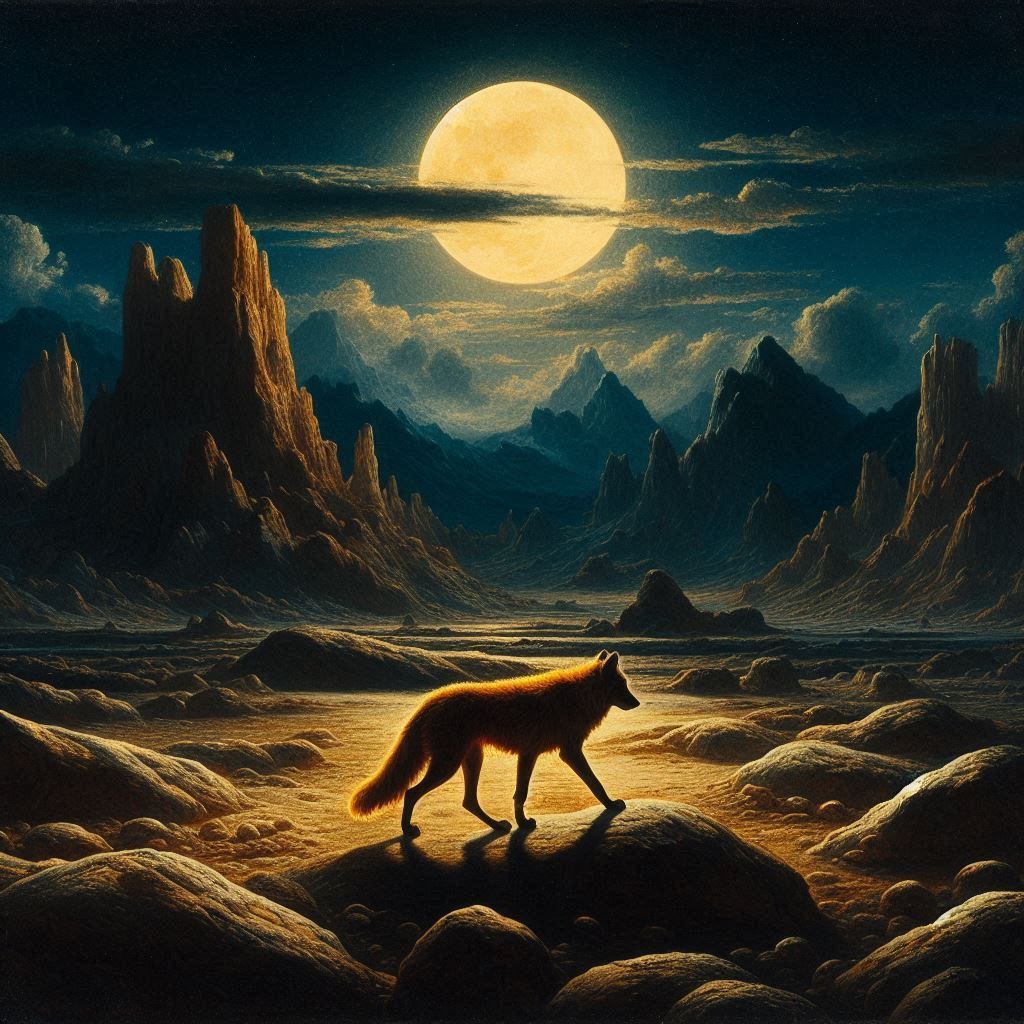 An African golden wolf walks across the rocky desert
