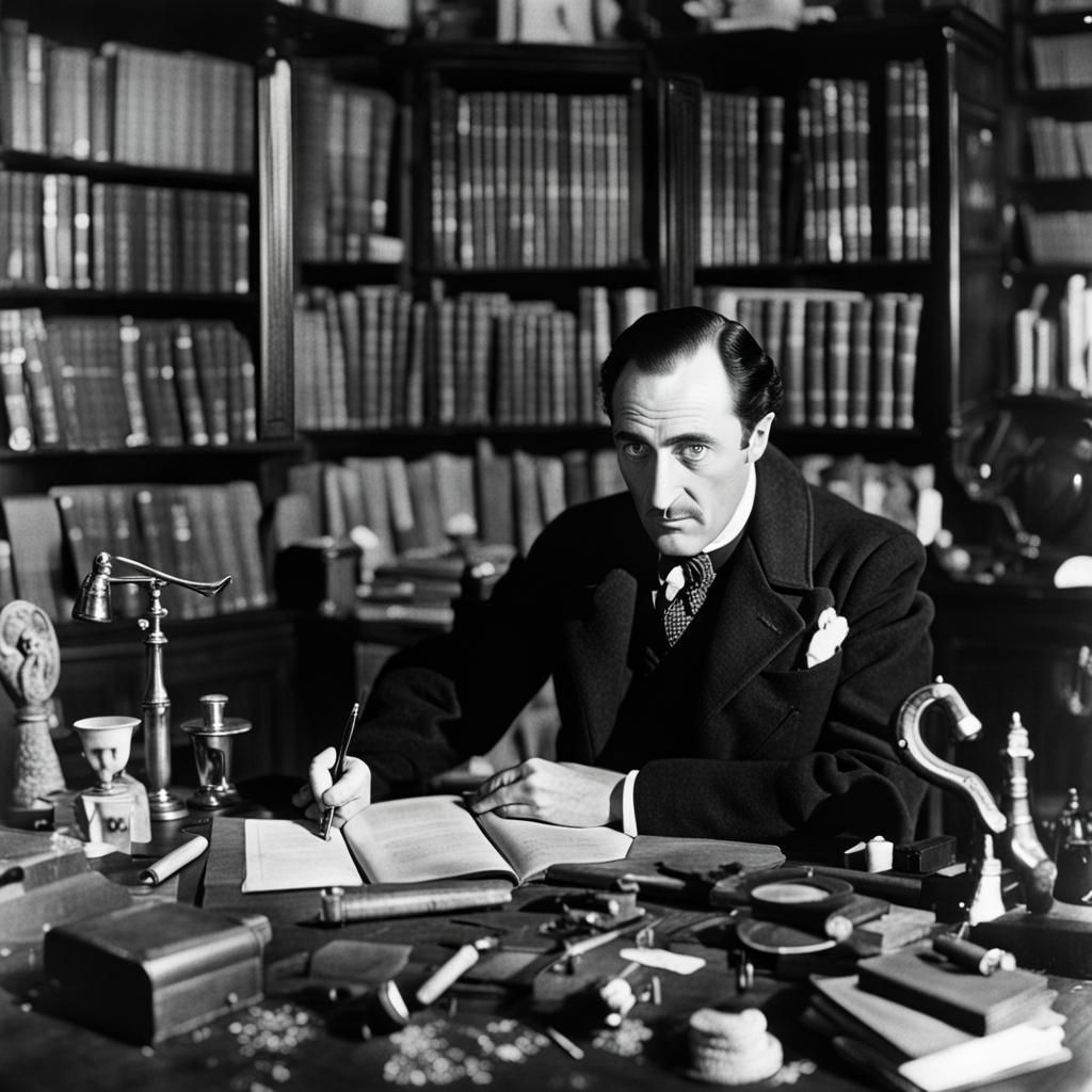 Basil Rathbone as Sherlock Holmes, in his study surrounded by clues ...