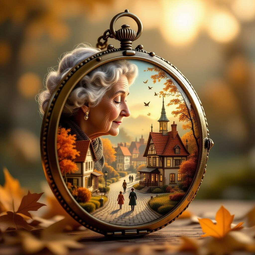 Surrealism. Medium shot. An elderly woman dreams of a miniature autumnal village built within an antique locket, with tiny figures walking o...