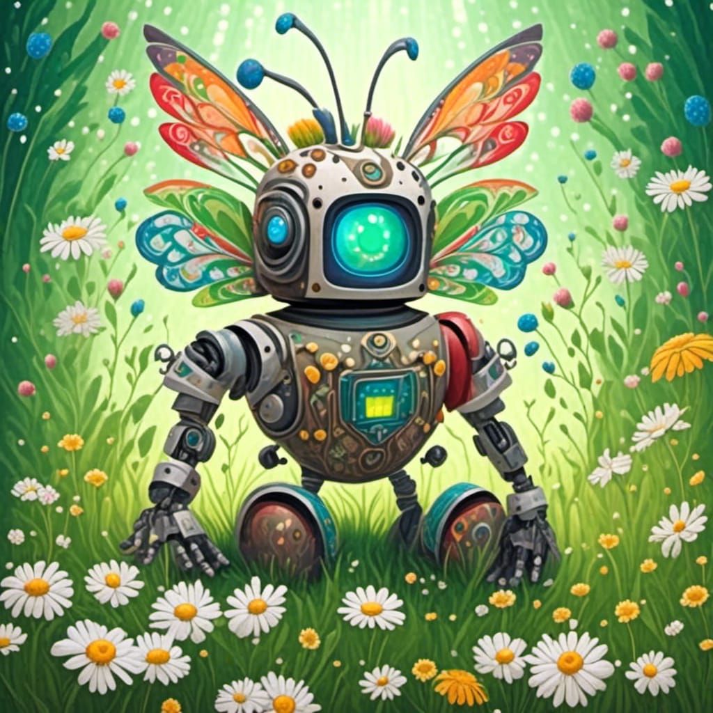 <lora:Peppermint Snow:1.0> Storybook illustration of a Cute adorable robot fairy surrounded by daisies 