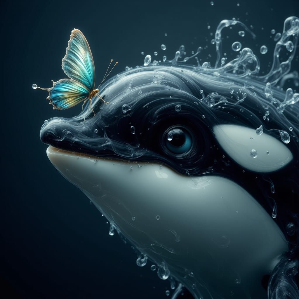 A butterfly sitting on a The orca's nose ,  a close-up portrait 
