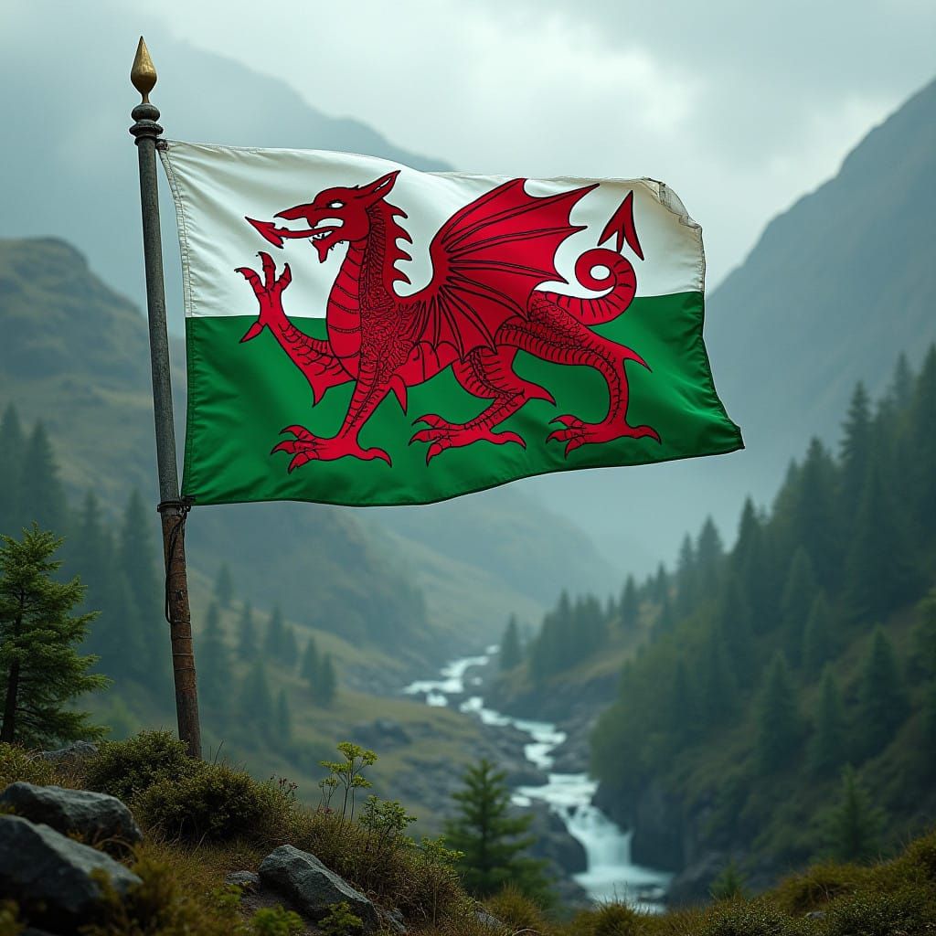 welsh flag with a real Welsh photo in the background
