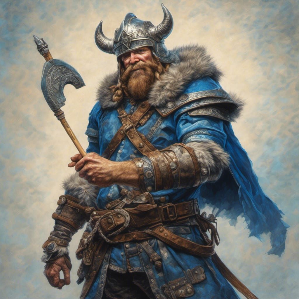 Viking pointing front, holding a pencil, with helmet, and blue clothes ...