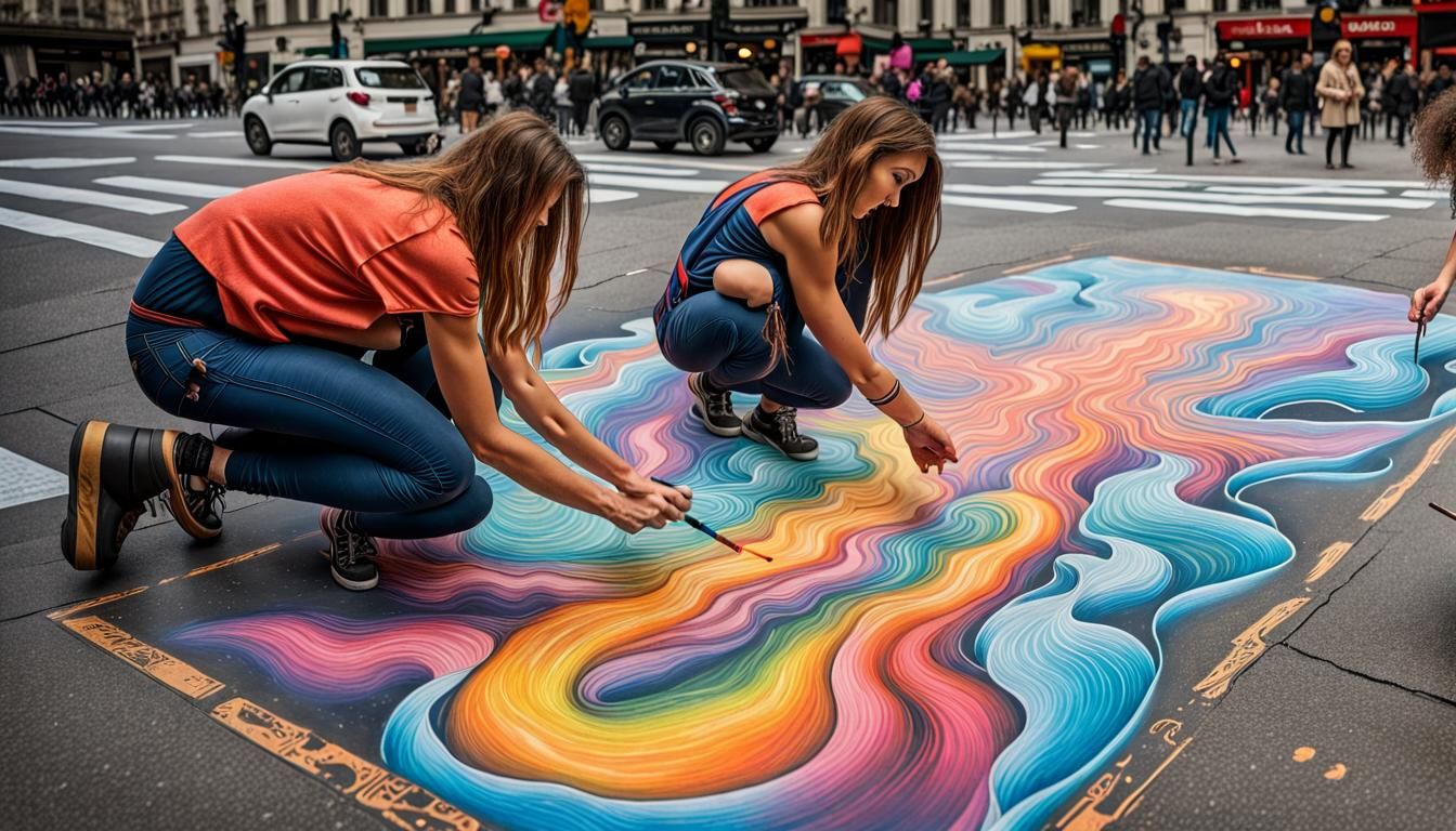 Street artists drawing a trompe l'oeil on a sidewalk