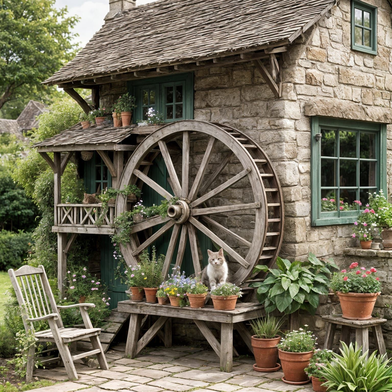 A rustic ornate waterwheel being used as a plant stand beside a country cottage , a cat sat on the doorstep ...  by @Oma