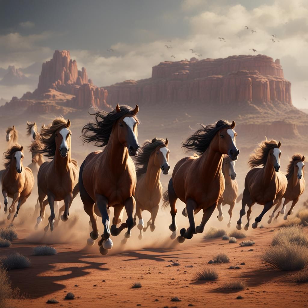 herd of wild mustangs galloping in the southwest - AI Generated Artwork ...