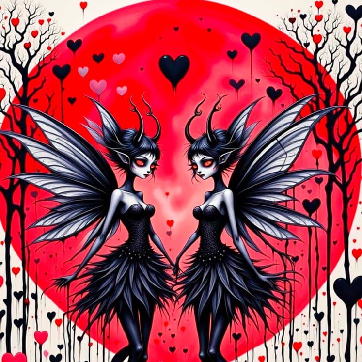 <lora:My Darking Valentine:1.0> Inspired by the styles of James Jean, Loish, and_chiibu, a vibrant darkling Fae and creepy Fae are ready for...