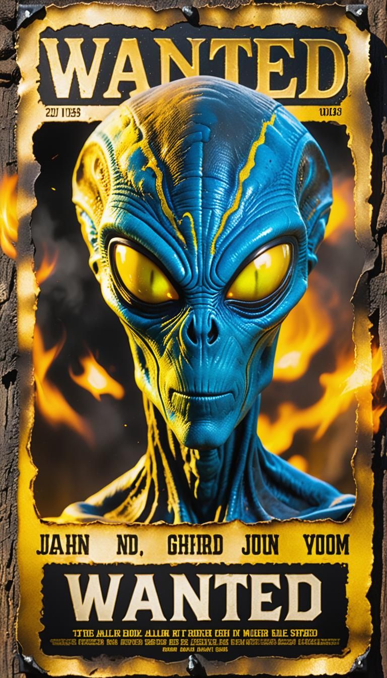 wanted poster with "Wanted" in bold block letters burnt edge picturing a blue and yellow alien with gold ...  by @Ed Evans