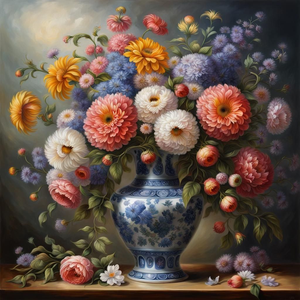 Painting of a still lift vase full of gorgeous hyper-detaile...