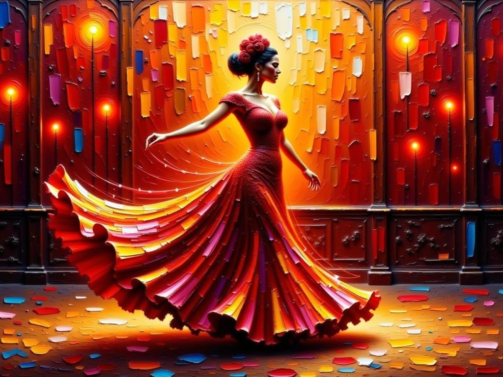 A vibrant impasto oil painting capturing a passionate Flamenco dancer mid-performance, her stunning red dress swirling dramatically with bol...