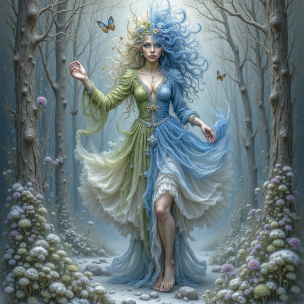 A manhwa inspired double exposure strange surreal glitchy full body portrait of a godess half blue half green woman with half her face cover...