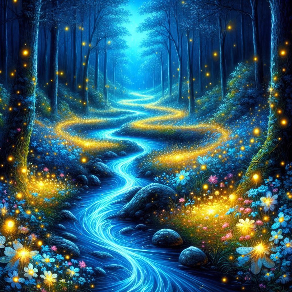 a forest with bioluminescent flowers