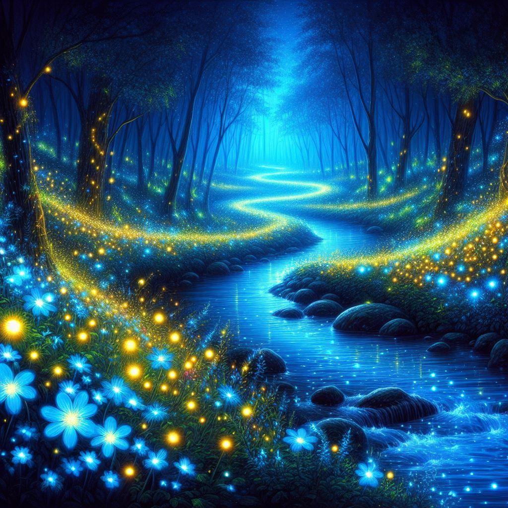 a forest with bioluminescent flowers