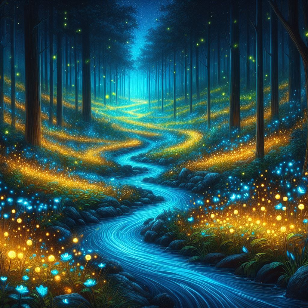 a forest with bioluminescent flowers