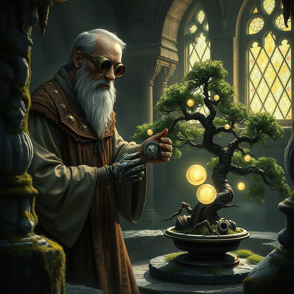 Steampunk concept art. Medium shot. A grizzled monk with brass goggles and clockwork arm tending a glowing, ...  by @Black Cell