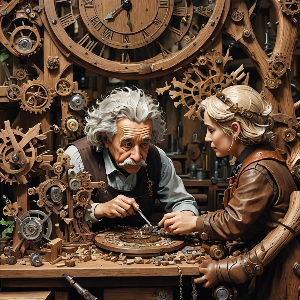 Einstein working in a woodworkshop making a woodenclock as a present for the fairy queen who is looking ...  by @Brian