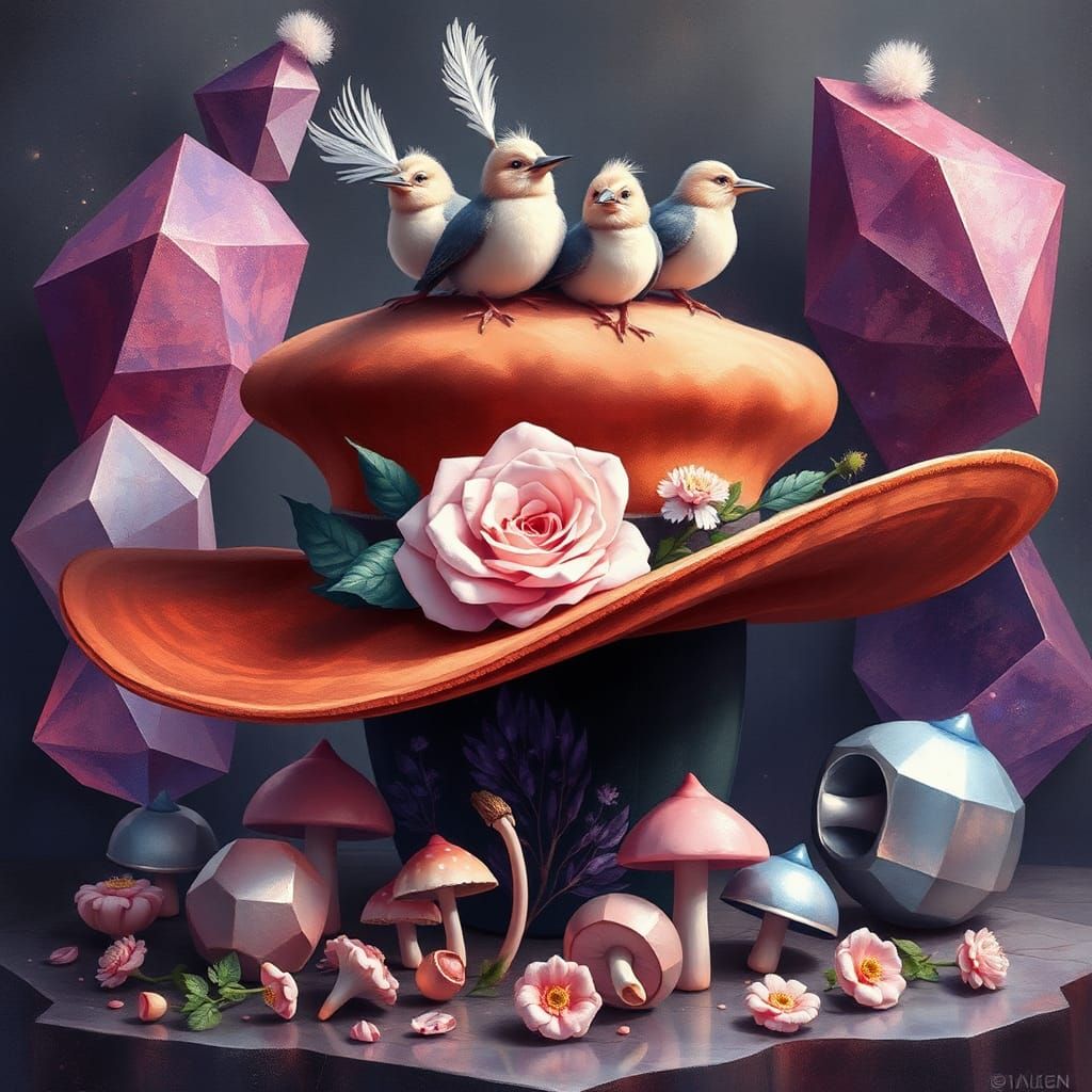 an abstract of a large brimmed hat, a rose, abstract  geomet...