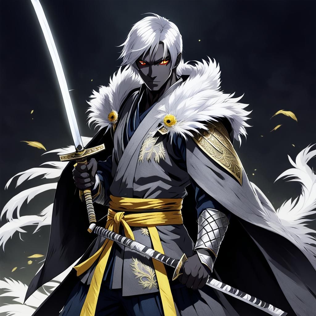 Male Drow, Dark Grey Skin, White short Hair,yellow eyes, wea...