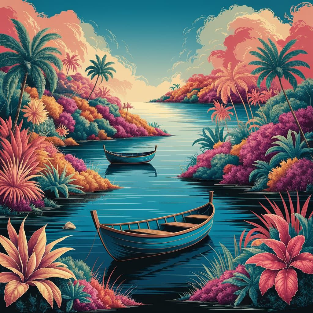 Vibrant Caribbean Oasis in Expressive Sponge Technique Paint...