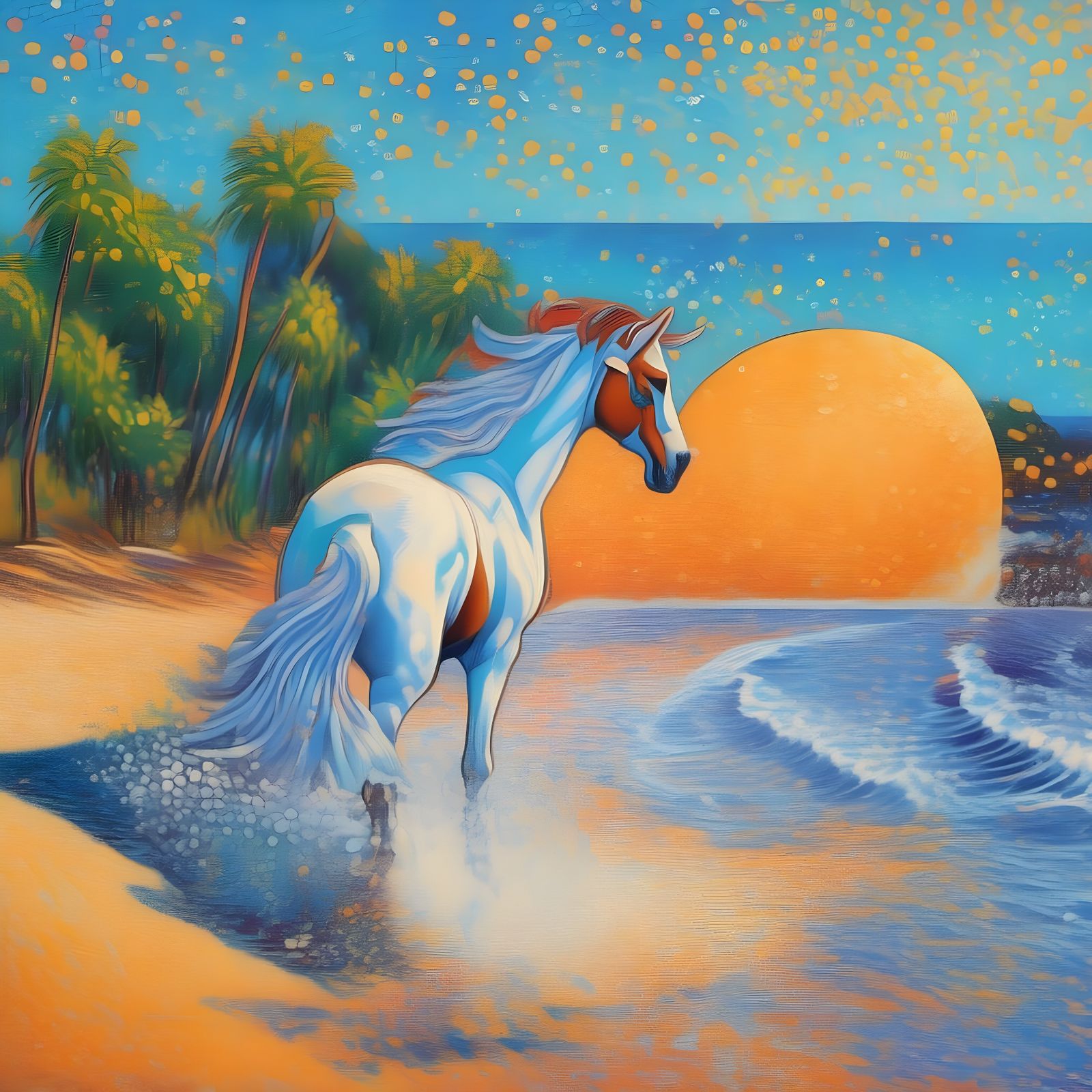 Horse Galloping Through Sea Waves in Neo-Impressionist Style