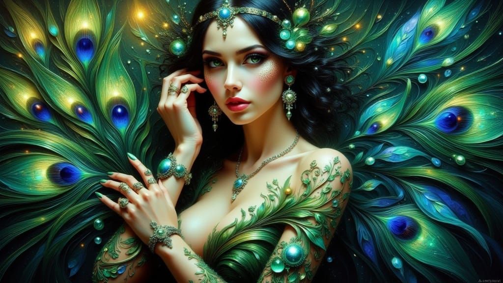 Ethereal Woman in Peacock Feathers, Impasto Oil Painting
