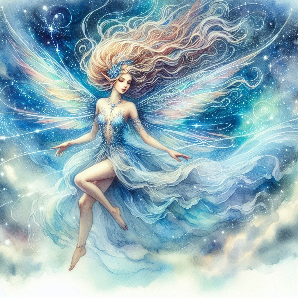 Beautiful sylphid as wind faerie, flying in the clear sky