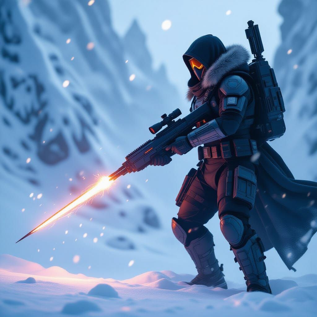 Lone Warrior in Snowstorm, Cinematic Style