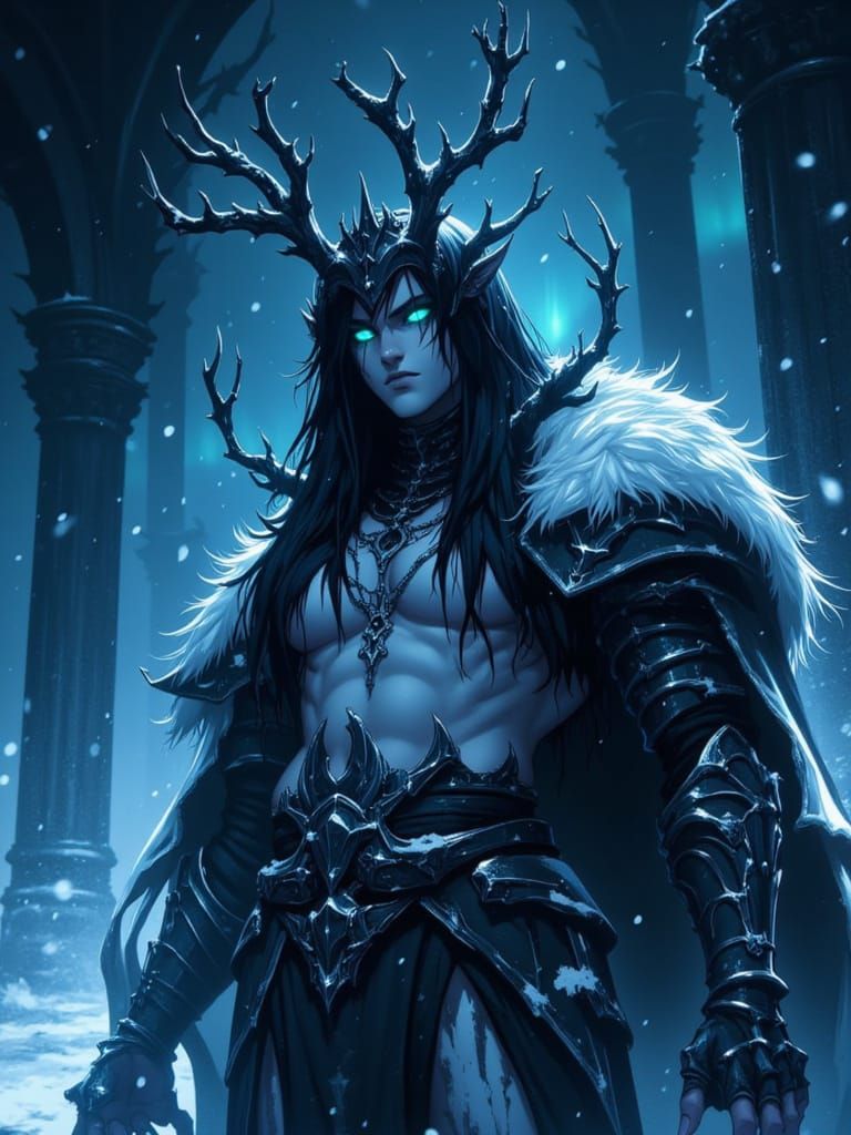 A tall, male figure of solemn majesty, standing in the ruins of a dead winter court. His skin is pale and luminous like moonlit marble, with...