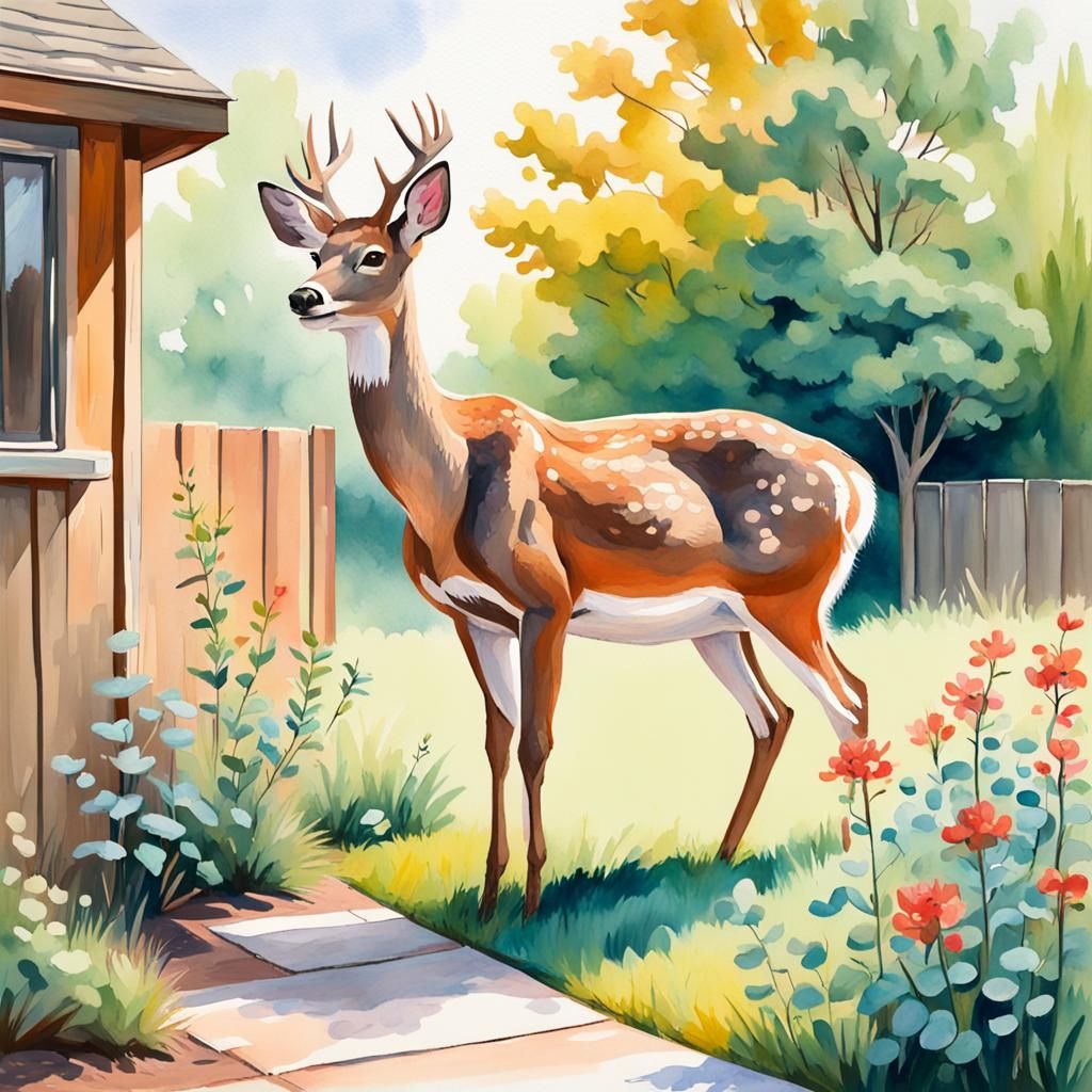 A bashful deer in a backyard
