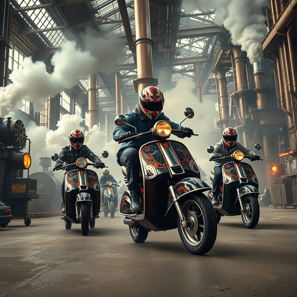 A mod scooter rally takes place inside a sprawling steampunk factory ...