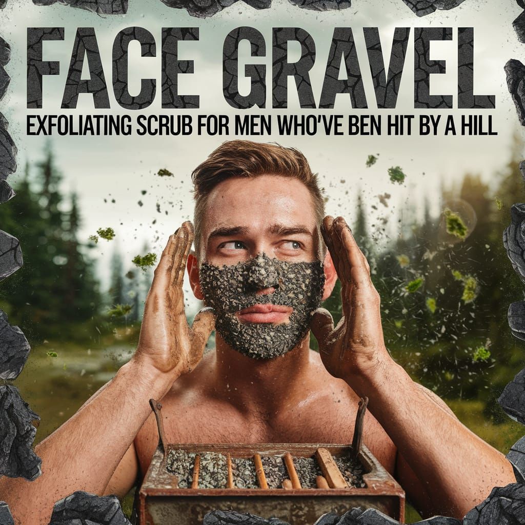 A poster that says ‘Face Gravel: Exfoliating Scrub for Men Who’ve Been Hit by a Hill’ in bold rock-chipped ...  by @morr5750