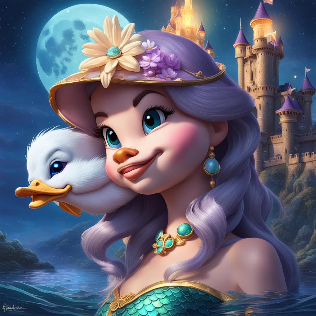 hyperrealistic beautiful daisy duck as a mermaid, background...