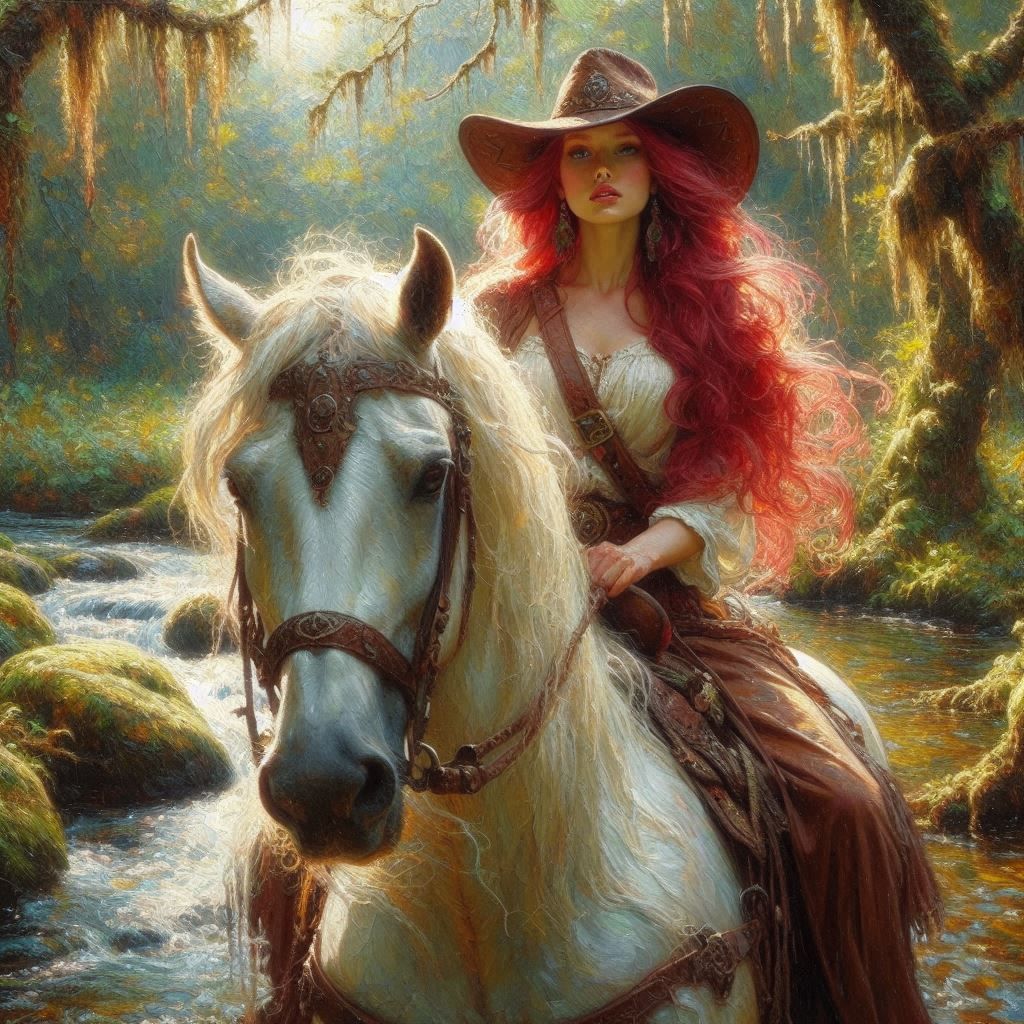 "She rode a mountain bred horse, just like a proper drover. Her sunset red hair like fire in the wind, the girl from Mur...