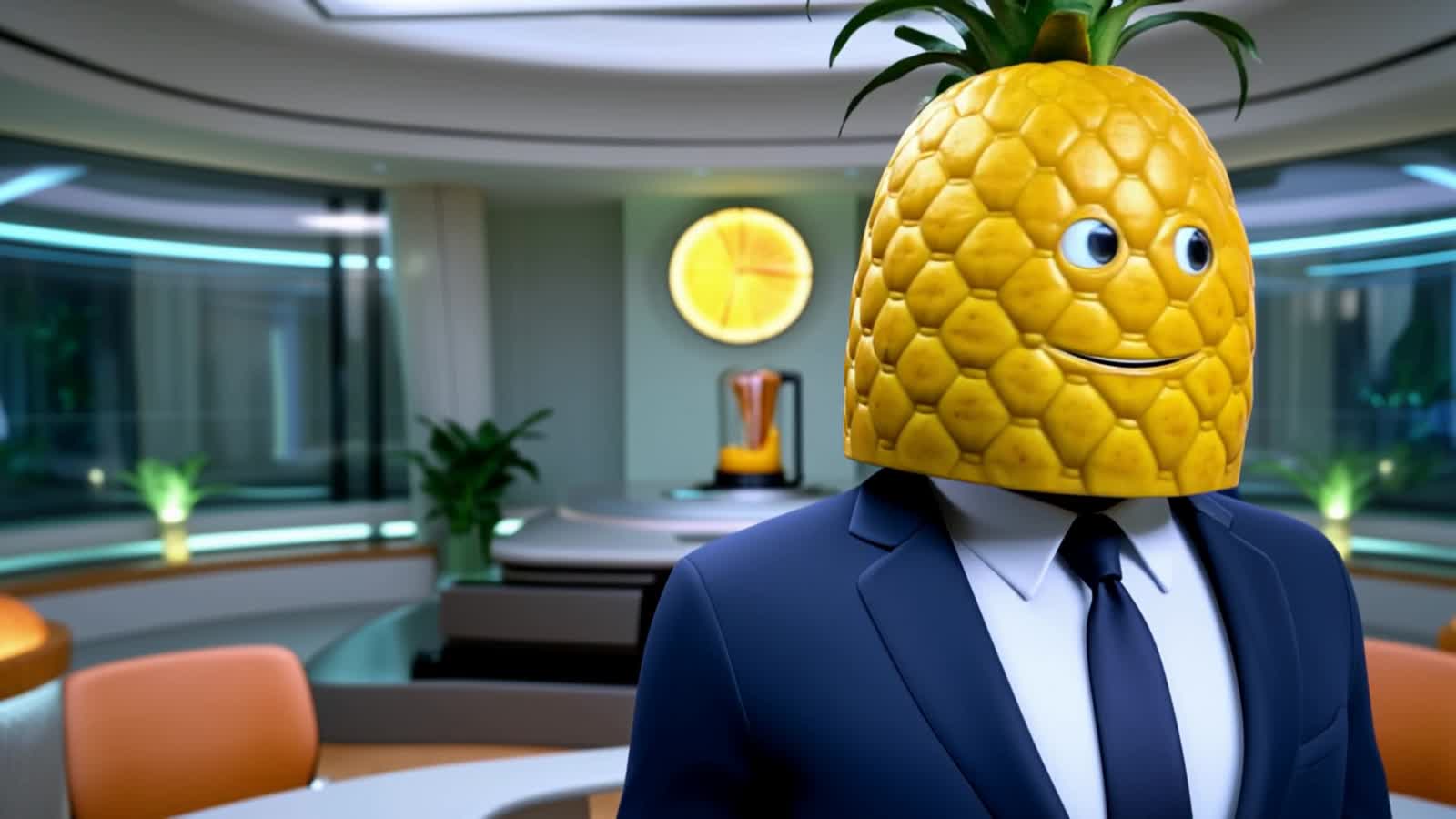 A realistic 3D pineapple wearing a navy blue business suit confidently walks into a futuristic fruit boardroom. The room...