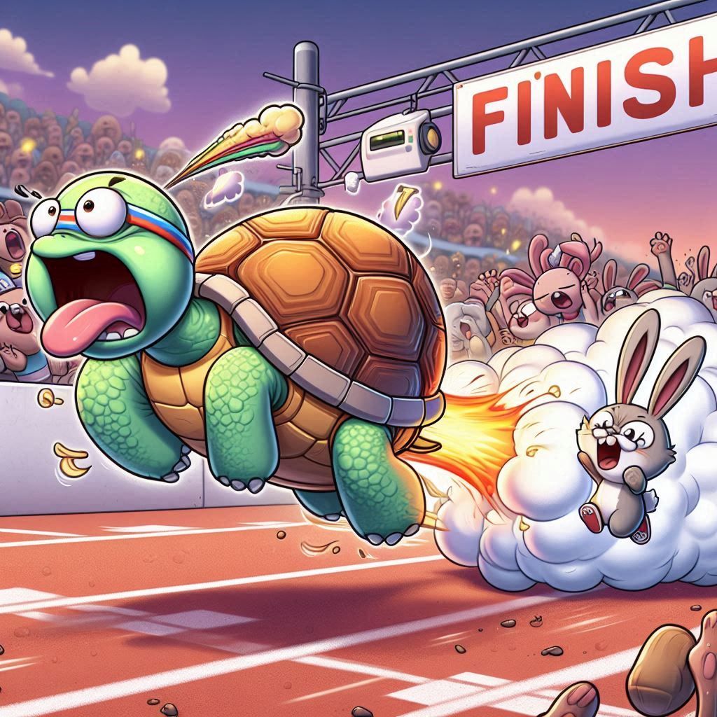 A farting turtle accelerating with high speed and win the ra...