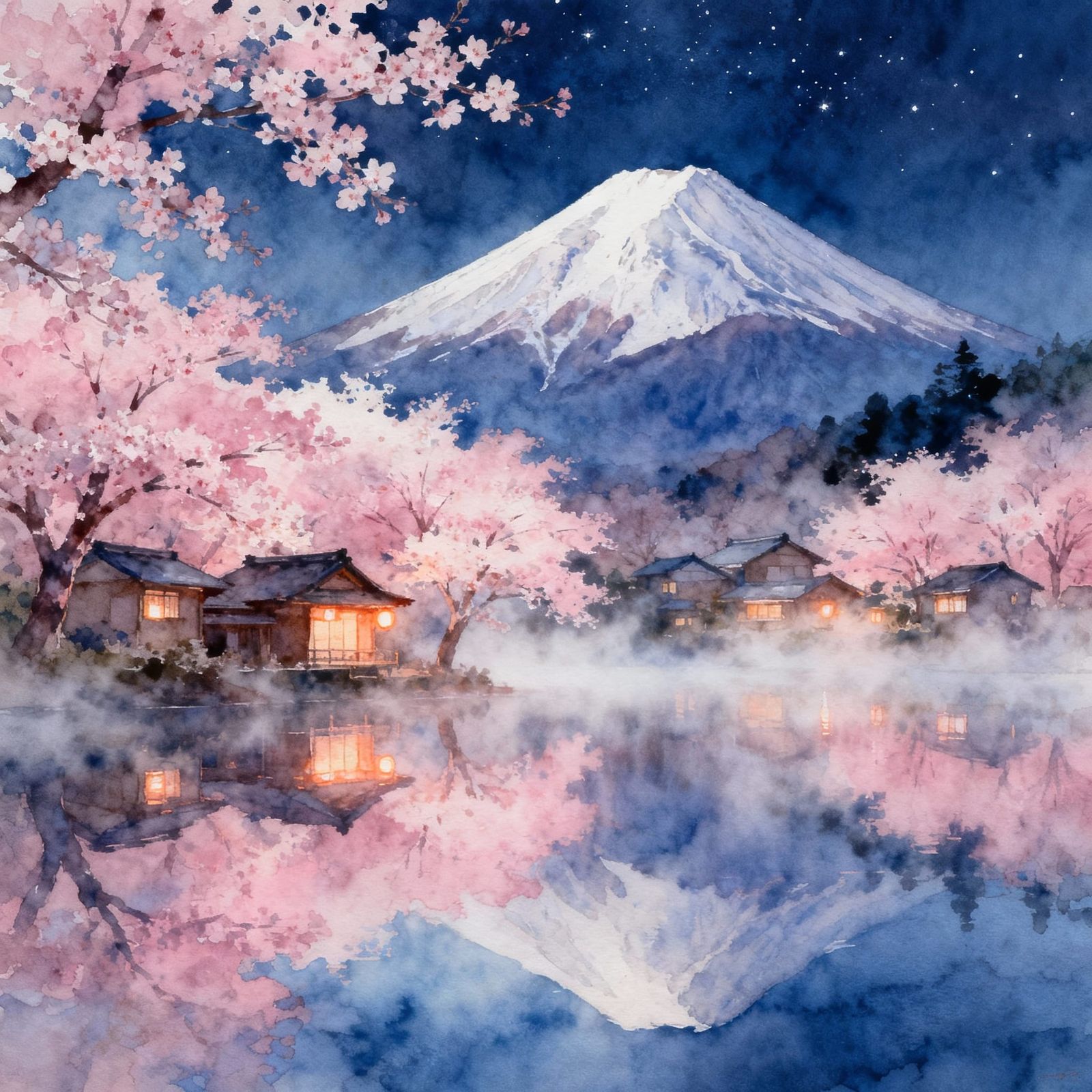 Japanese Village With Cherry Blossoms and Mountain
