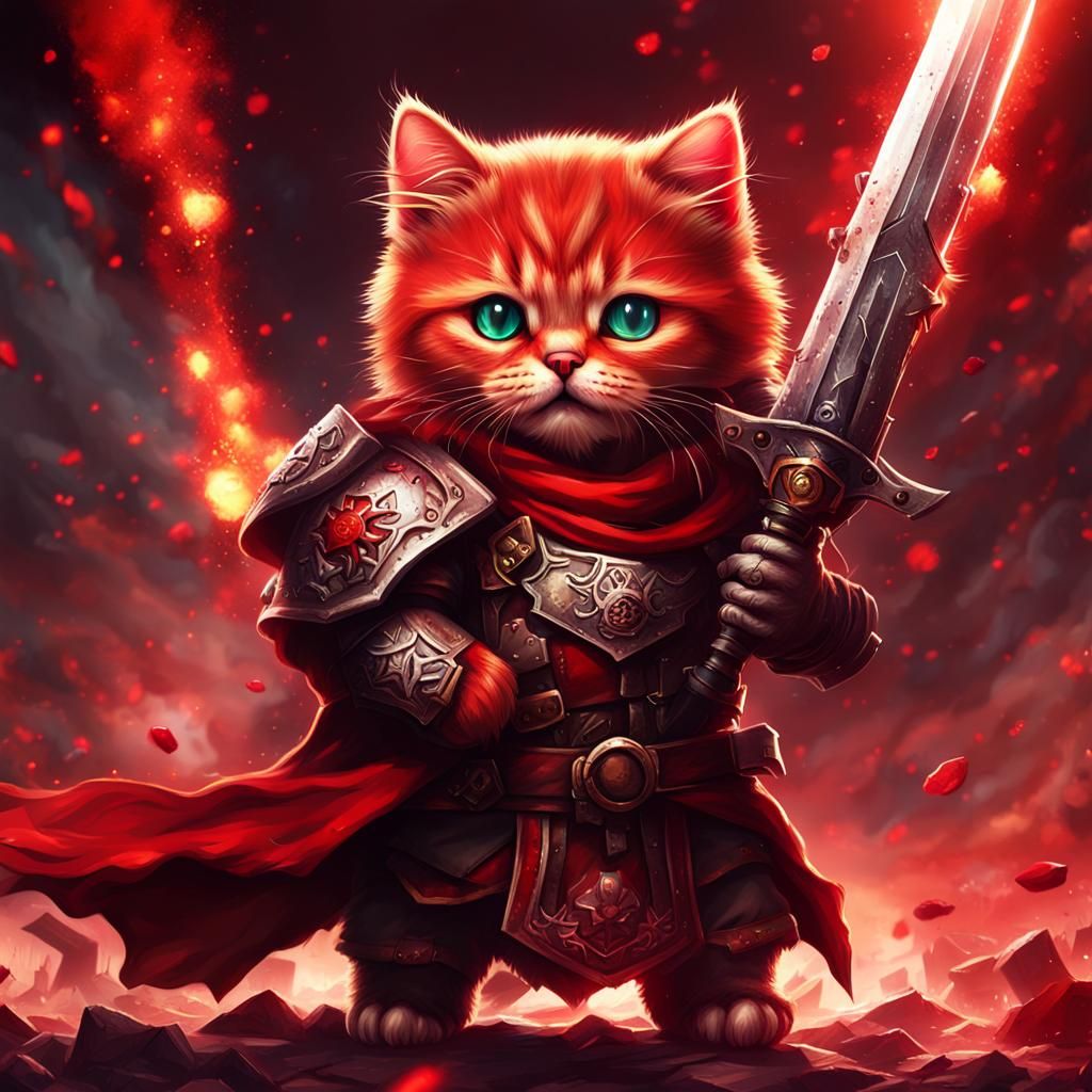 grimdark Warhammer cute kitty  HD 4K in battle epic red bloo...