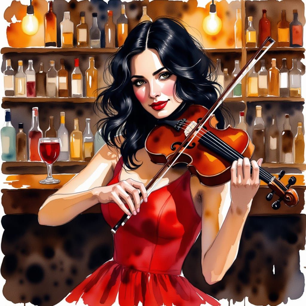 <lora:GrokFlux:1.0> Beautiful woman, wavy black hair, red dress, in a bar playing the violin... loose brushstrokes and vibrant colors... wat...