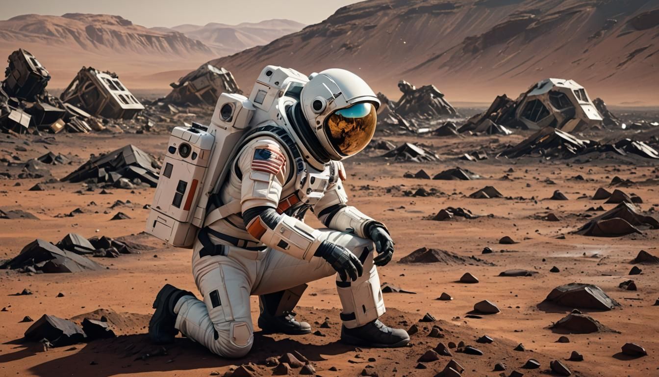 A white man in a space suit kneels on the Martian soil looki...