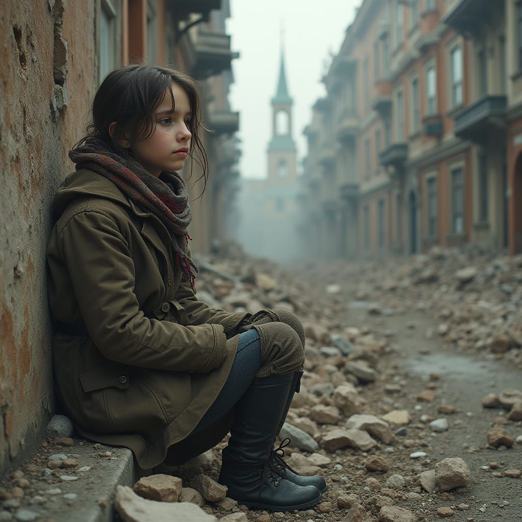 Melancholic Girl Amidst Ruins in Surrealist Style