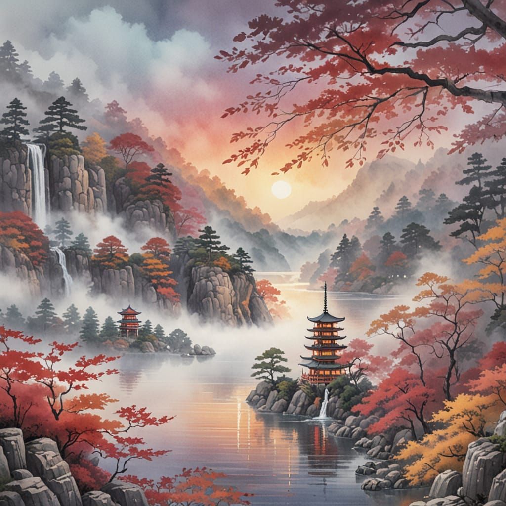 Autumn Waterfall Pagoda Serenity 🍁🏞️💀