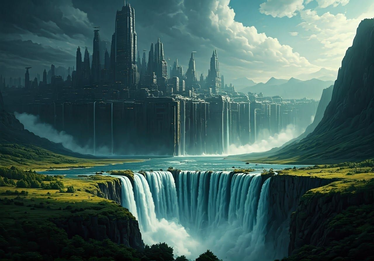 A Giant Metropolis Built on the Edge of a Towering Cliff Next to a Roaring Waterfall