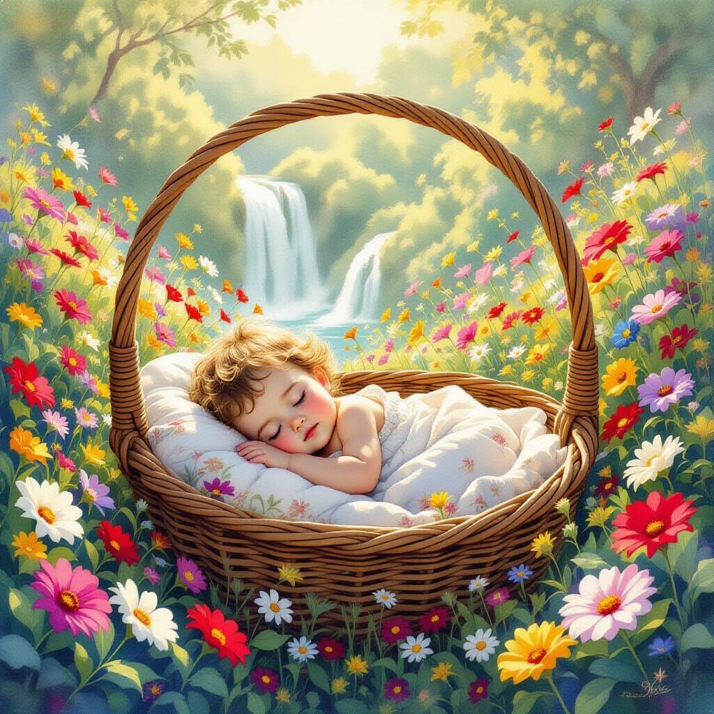 Baby Sleeping in Enchanted Garden Basket